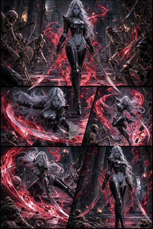 A white-haired figure in black armour wielding red glowing blades among skeletons