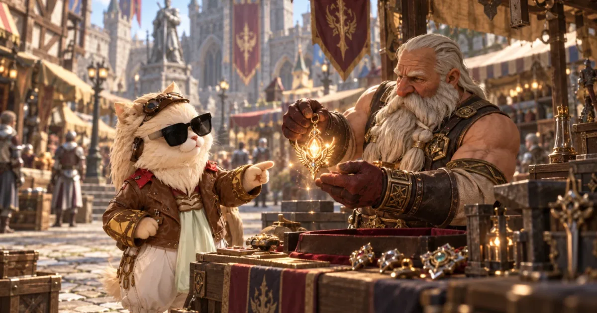 A dwarf with a beard holding a glowing amulet at a market stall, while a cat in sunglasses points at it.