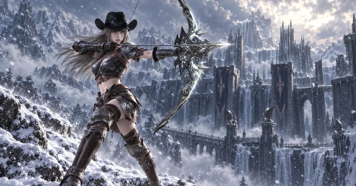 An archer in a wide-brimmed hat drawing a glowing bow in a blizzard before a frozen fortress.