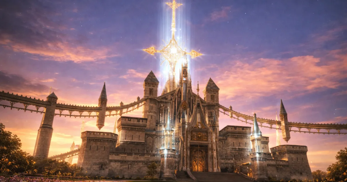 A gothic castle at twilight with a glowing golden relic above its central spire, flower beds lining the approach.
