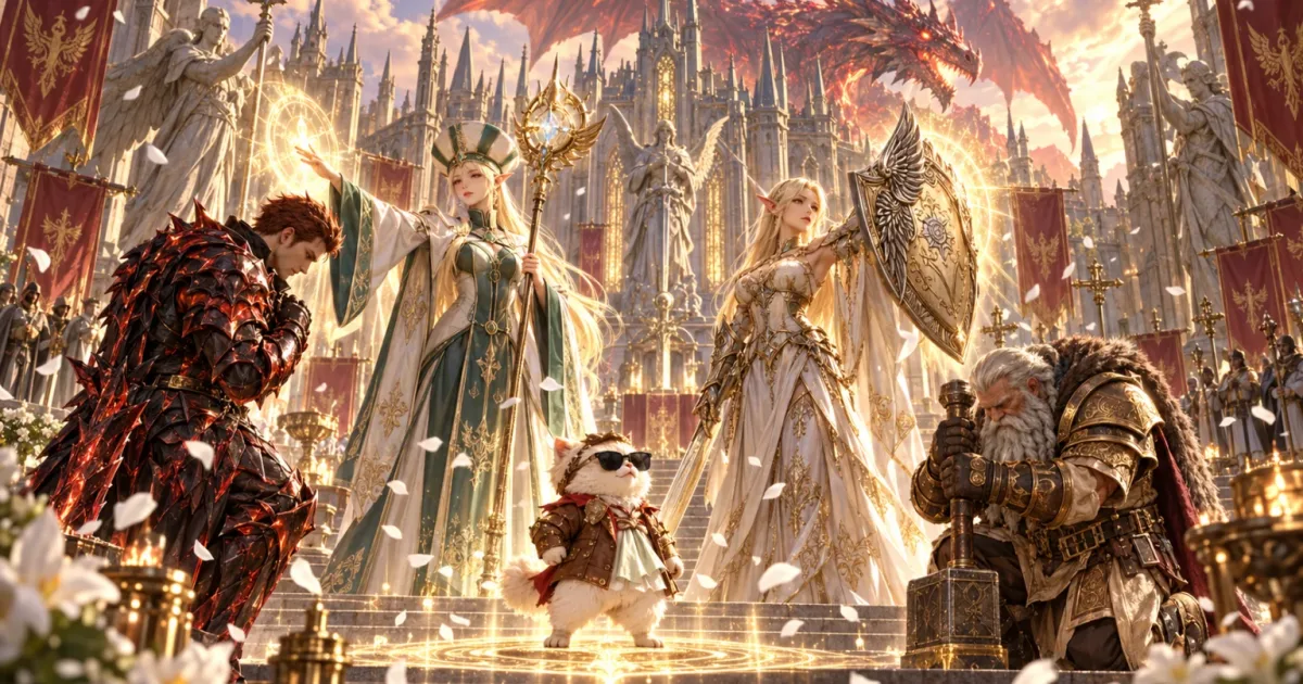 a warrior in red armour and a dwarf kneeling on white cathedral steps as a priestess and an elf bless them among petals