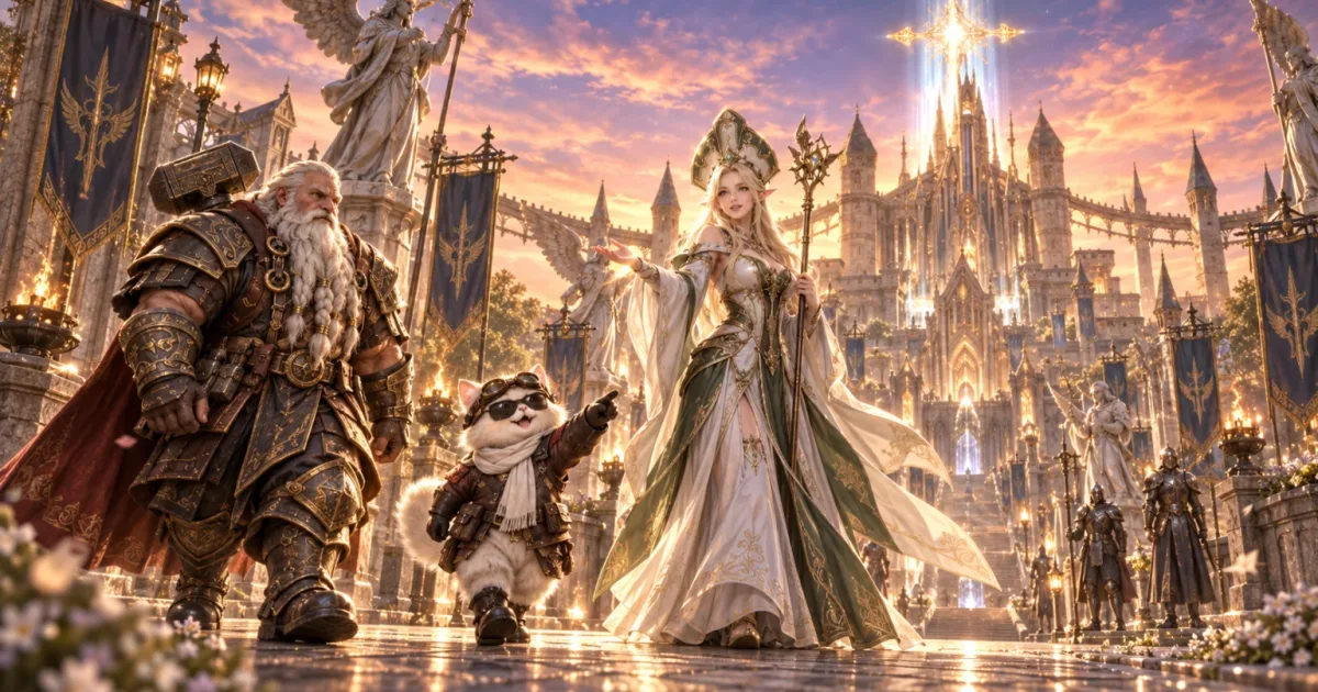 A dwarf, a cat in sunglasses, and a priestess walking down a statue-lined avenue at sunset toward a brightly lit cathedral.