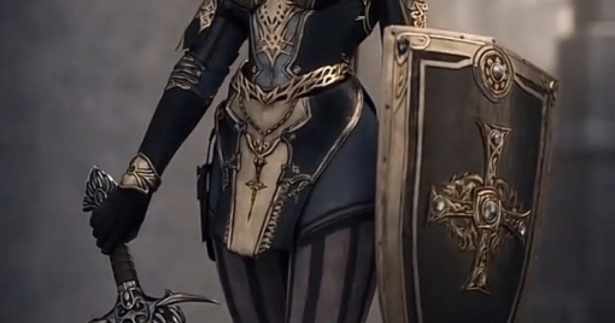 um elfo das trevas em armadura preta e dourada segurando uma espada fina e um escudo de papagaio em um salão de pedra dim.