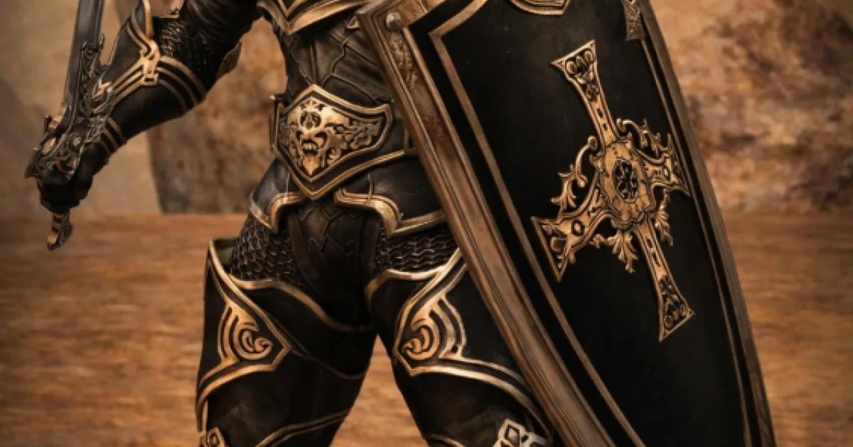 a knight in black and gold armour holding a sword and a tall kite shield marked with a cross emblem