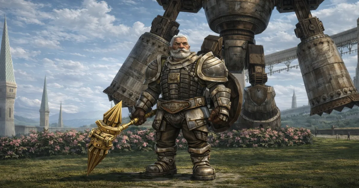um anão barbudo em armadura de placas segurando um maço dourado em frente a um golem de pedra e metal, torres de castelo ao