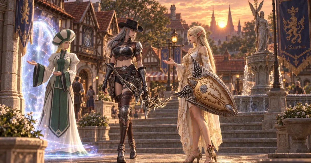 A priestess by a blue portal, an archer in a wide-brimmed hat, and an elf with a winged shield meeting at sunset.