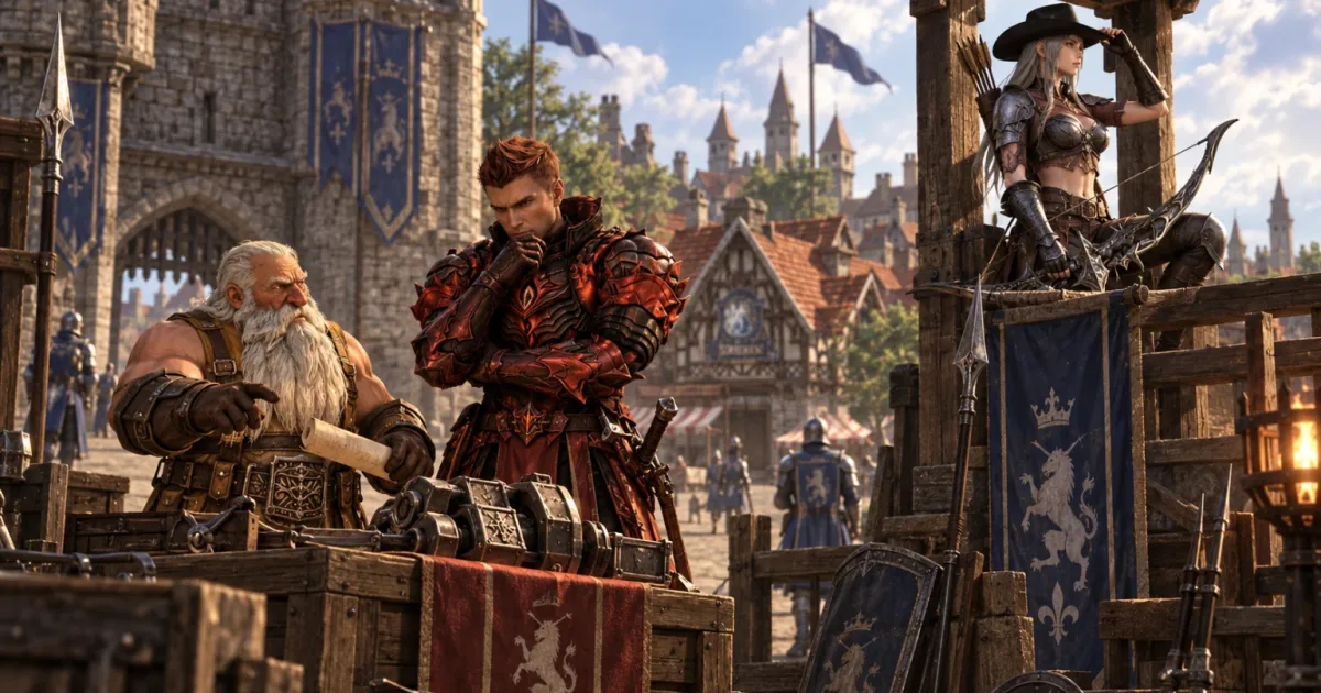 a dwarf with a scroll and a warrior in red armour weighing a deal at a castle gate, an archer watching from a tower