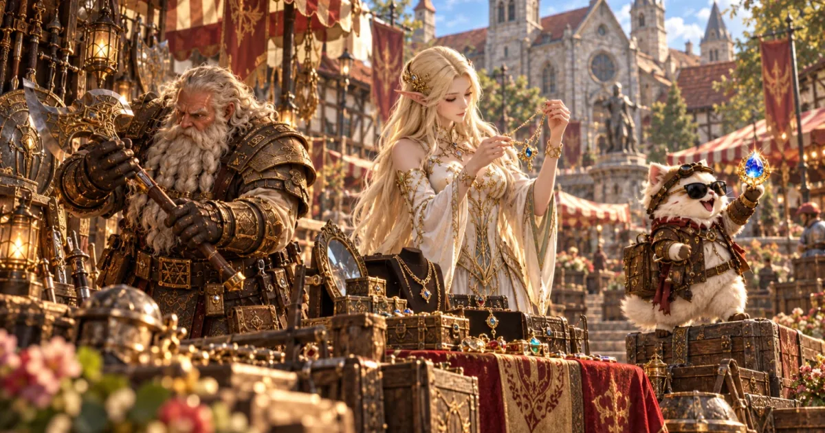 A bearded dwarf and a blonde elf examining jewels at a market stall piled with chests, a cathedral rising behind.