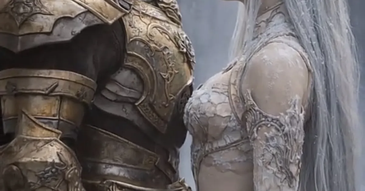 A knight in gold armor and a white-haired elf face each other in a snowy forest.