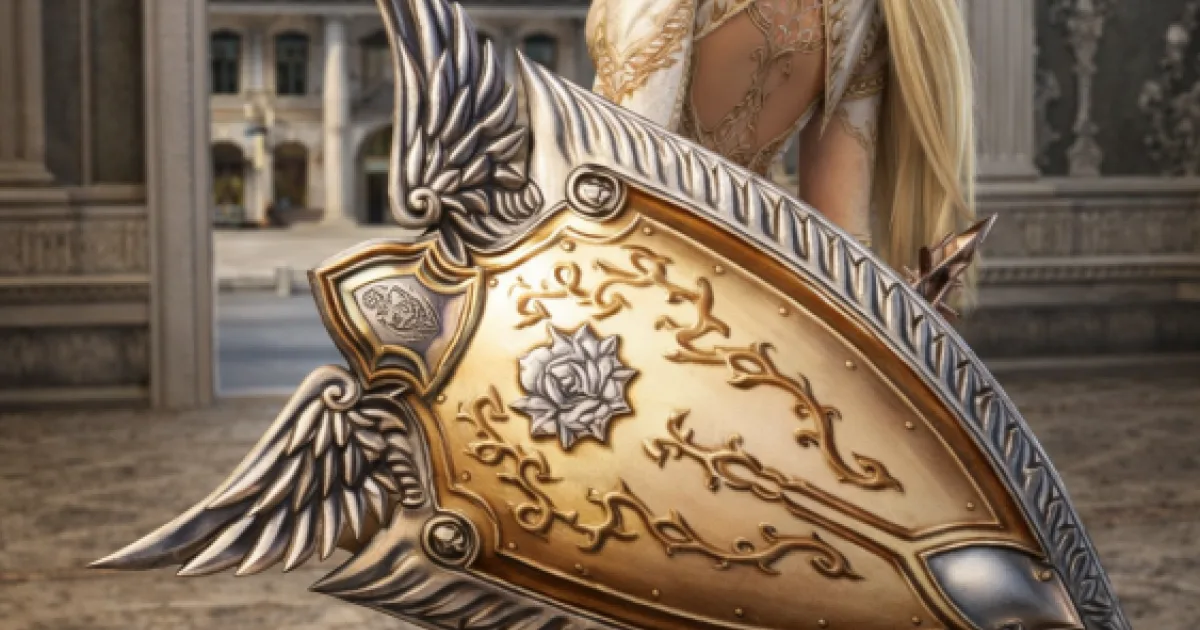 uma elfa loira em branco e dourado carregando um grande escudo dourado com asas em um salão de palácio de mármore.