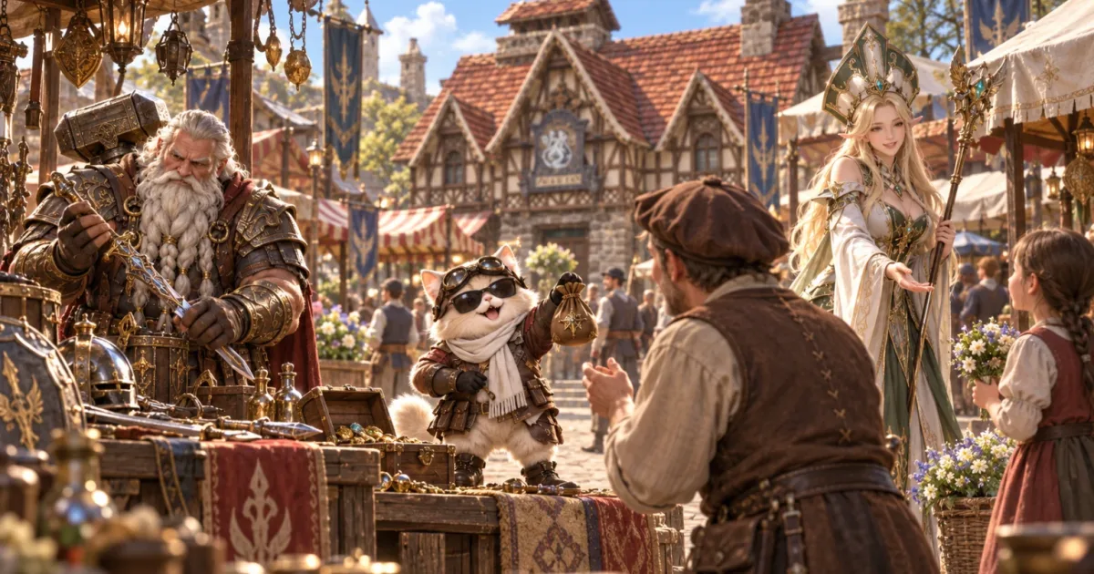 A dwarf examines a jeweled dagger at a market stall as a merchant, a cat in sunglasses and a priestess look on.