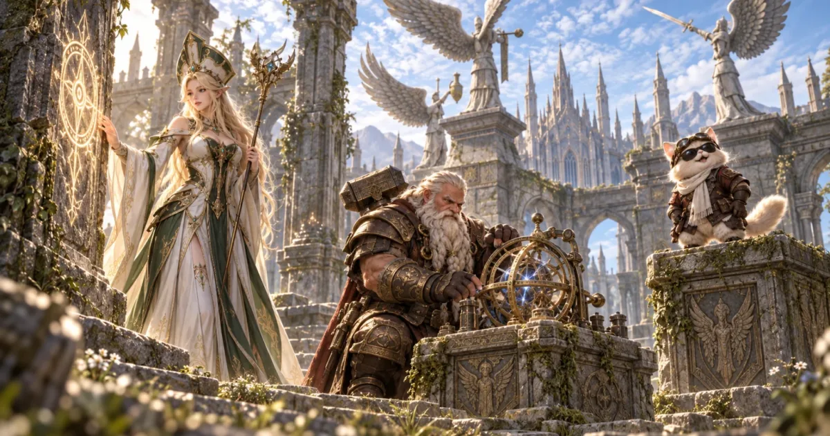 A priestess awakening a glowing rune on a ruined wall while a dwarf turns a brass astrolabe, with winged angel statues