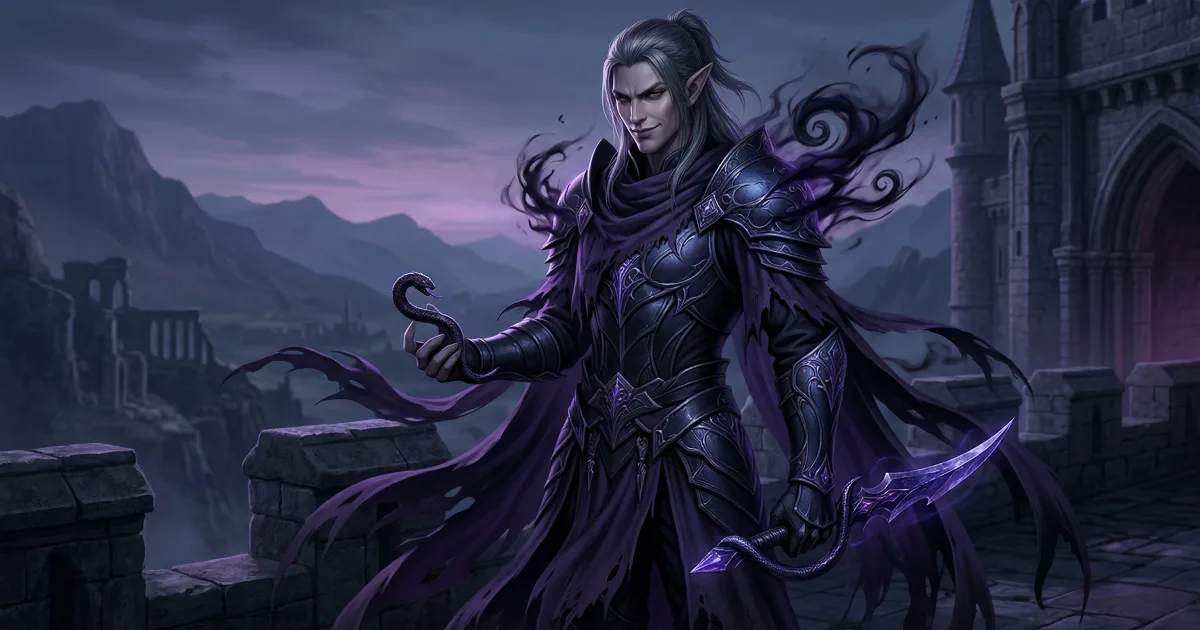 A pale dark elf in black and purple armor holding a small snake on a castle rampart at dusk.