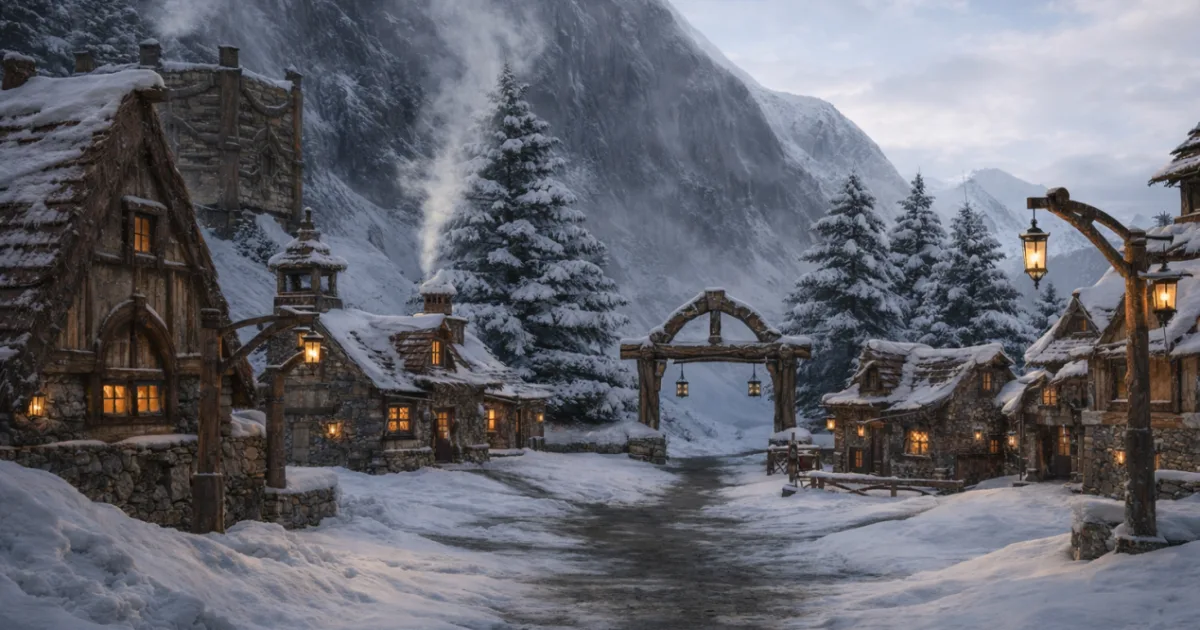 uma vila de montanha coberta de neve ao anoitecer, casas de pedra e madeira com janelas acesas ao redor de um portão de arco