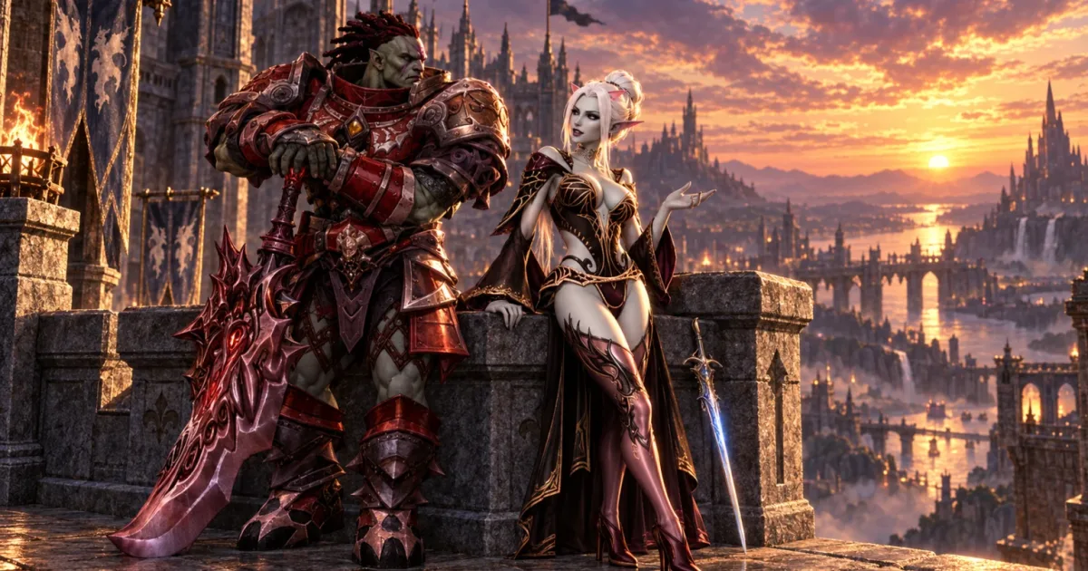 An orc in crimson armor and a white-haired dark elf stand on a balcony above a city of spires and bridges at sunset.