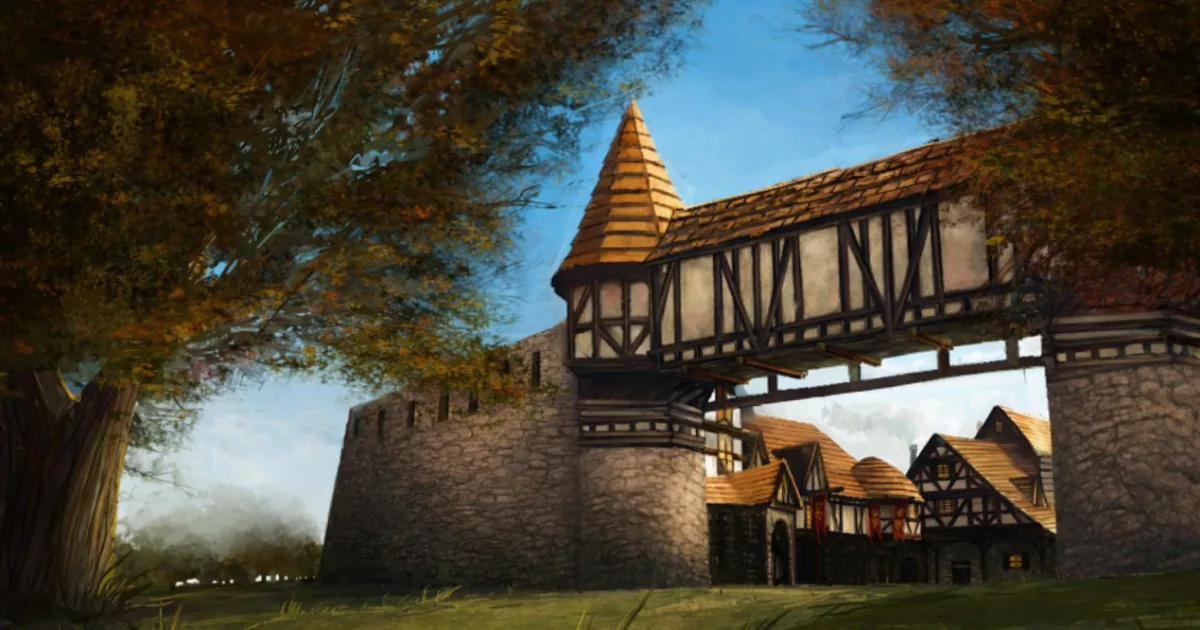 a painted town gate with a half-timbered gatehouse spanning a stone wall, red banners and tiled roofs beyond, autumn foliage