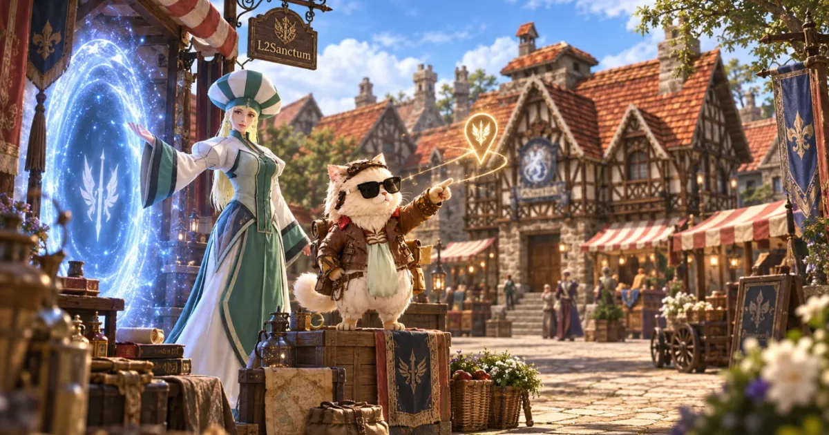 A priestess stands by a blue portal with a cat in sunglasses pointing in a sunny town square under an L2Sanctum sign.