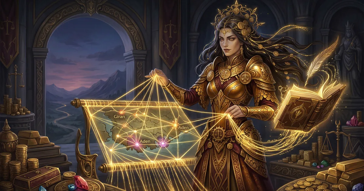 a crowned figure in gold armour weaving a glowing map of trade routes between Giran and Aden, surrounded by coins, ingots