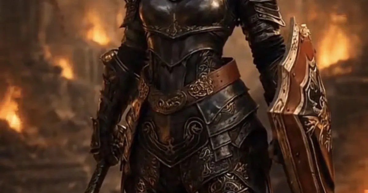 A young warrior in dark gold-trimmed plate armor holding a spiked mace and shield in front of burning ruins.
