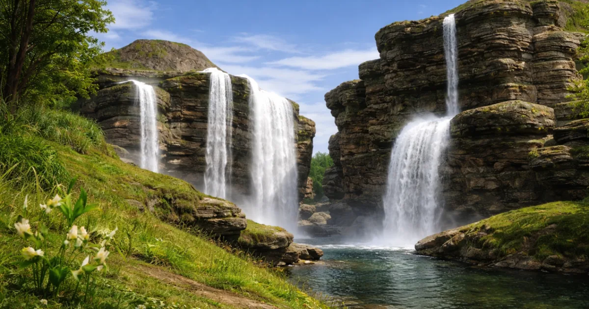 Tres cascadas cayendo de roca en capas hacia un estanque claro rodeado de hierba verde y flores silvestres.