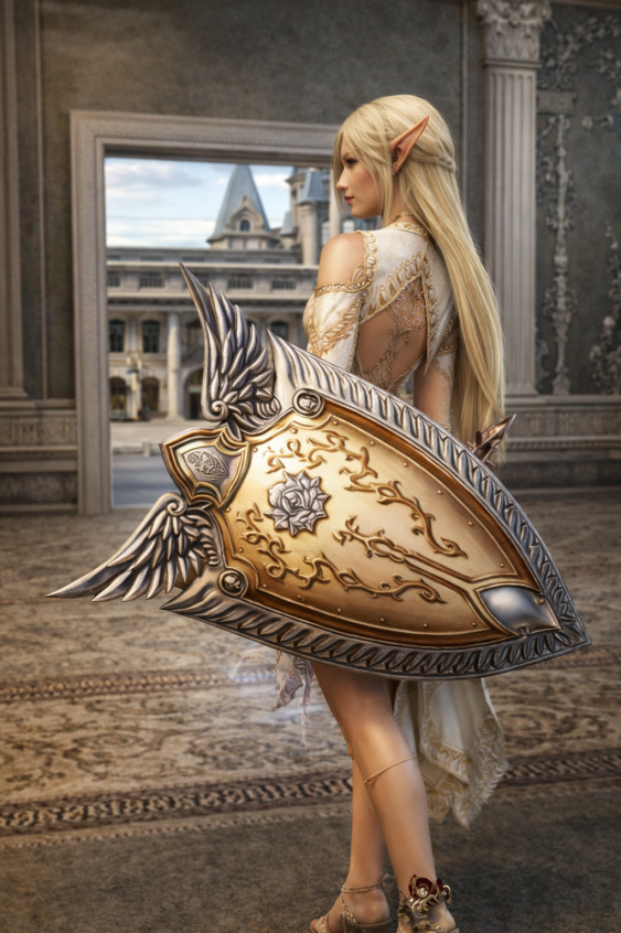 A blonde elf in white and gold carrying a large winged golden shield in a marble palace hall