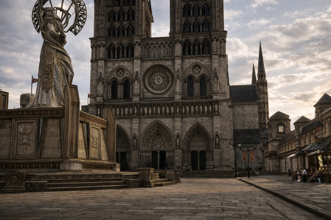 A cathedral facade with twin towers and a rose window overlooking an empty stone plaza