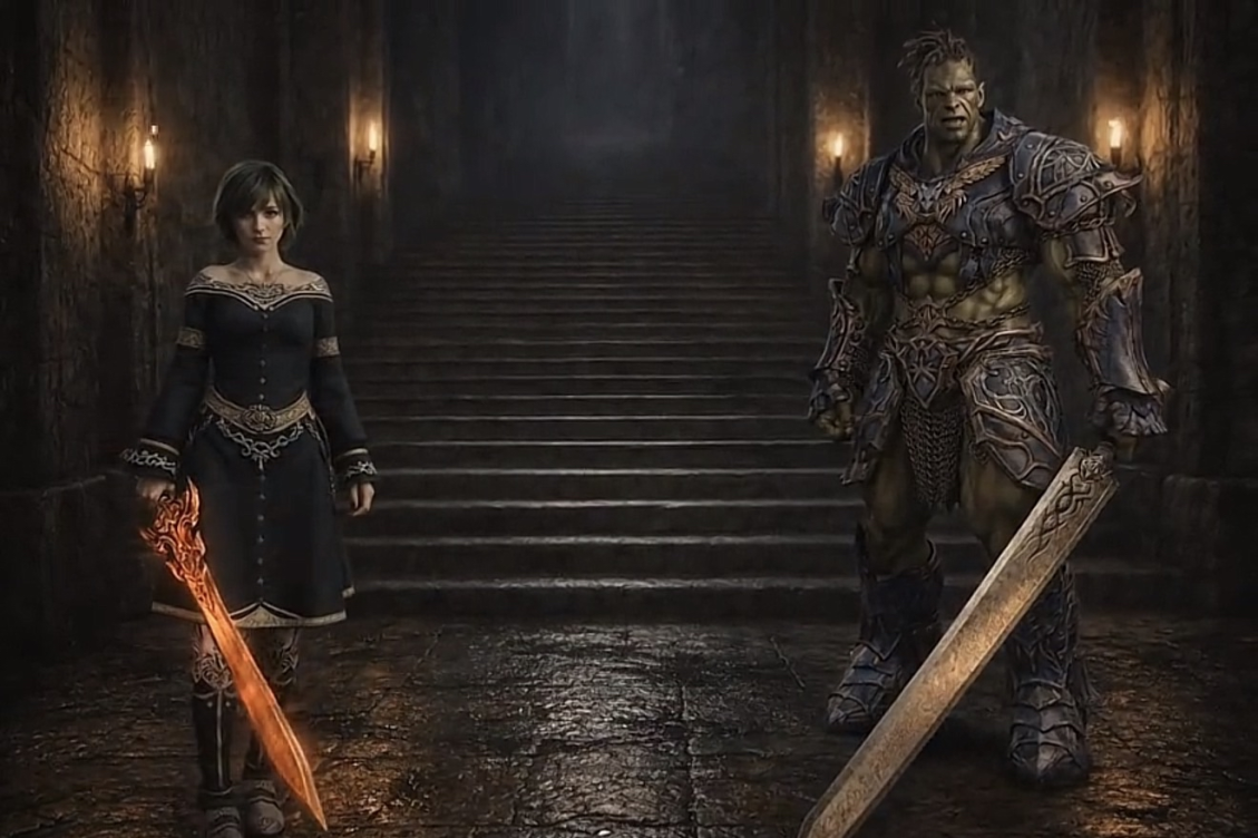 A woman holding a glowing red sword and a large orc warrior with a broadsword at the foot of a torch-lit stone staircase