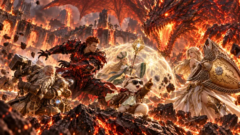 A party of adventurers — a dwarf with a hammer, a warrior in red armour, a priestess with a staff, a cat in sunglasses and an elf with a golden shield — stands against a dragon among lava-filled ruins