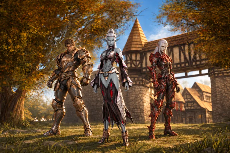 A human warrior in golden armour, a dark elf and an elf in red armour before the walls of a village in autumn