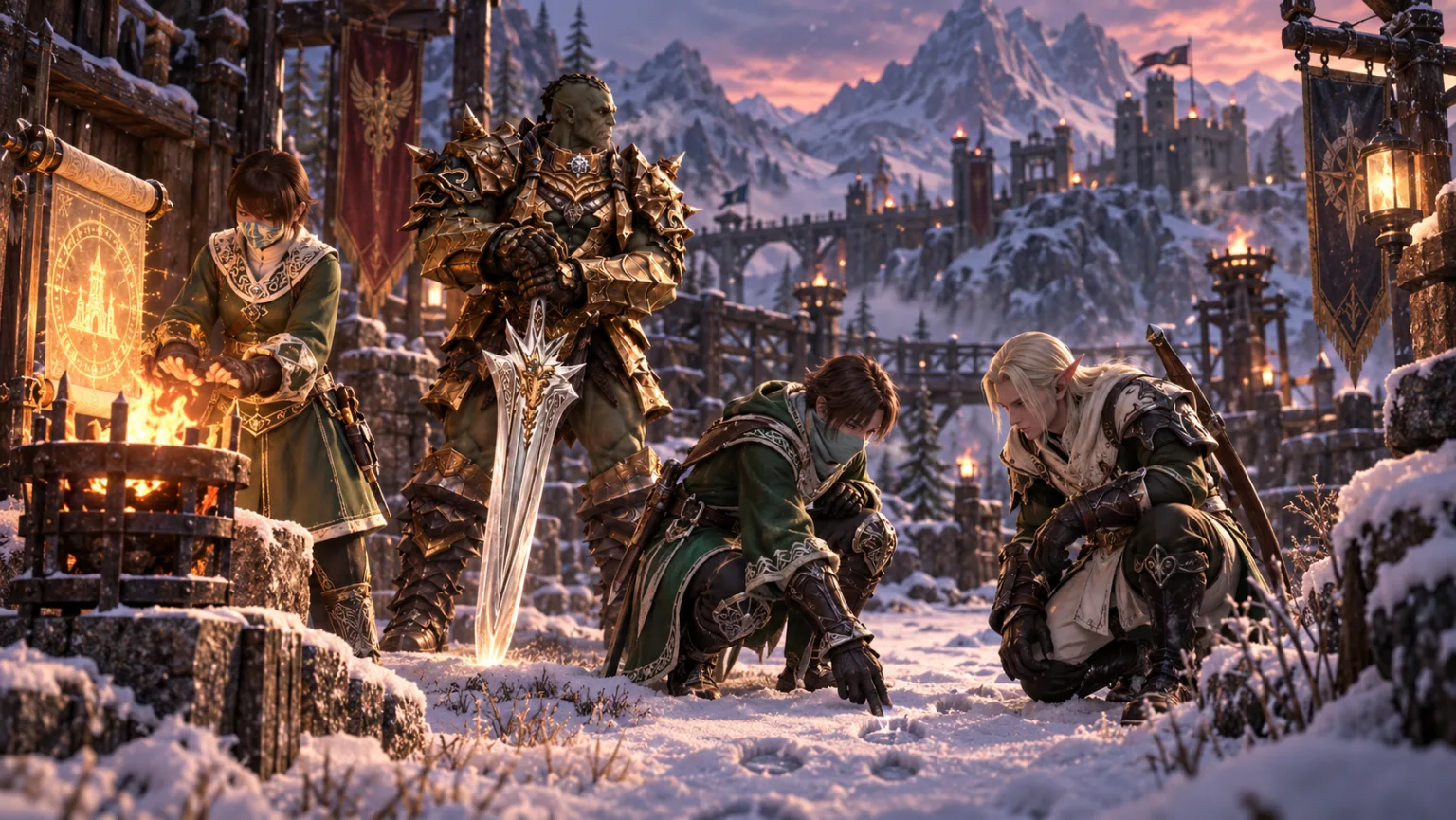 A snowy camp below a mountain fortress: a scout and an elf archer crouch over footprints in the snow while an orc in gold armour stands guard with a glowing greatsword