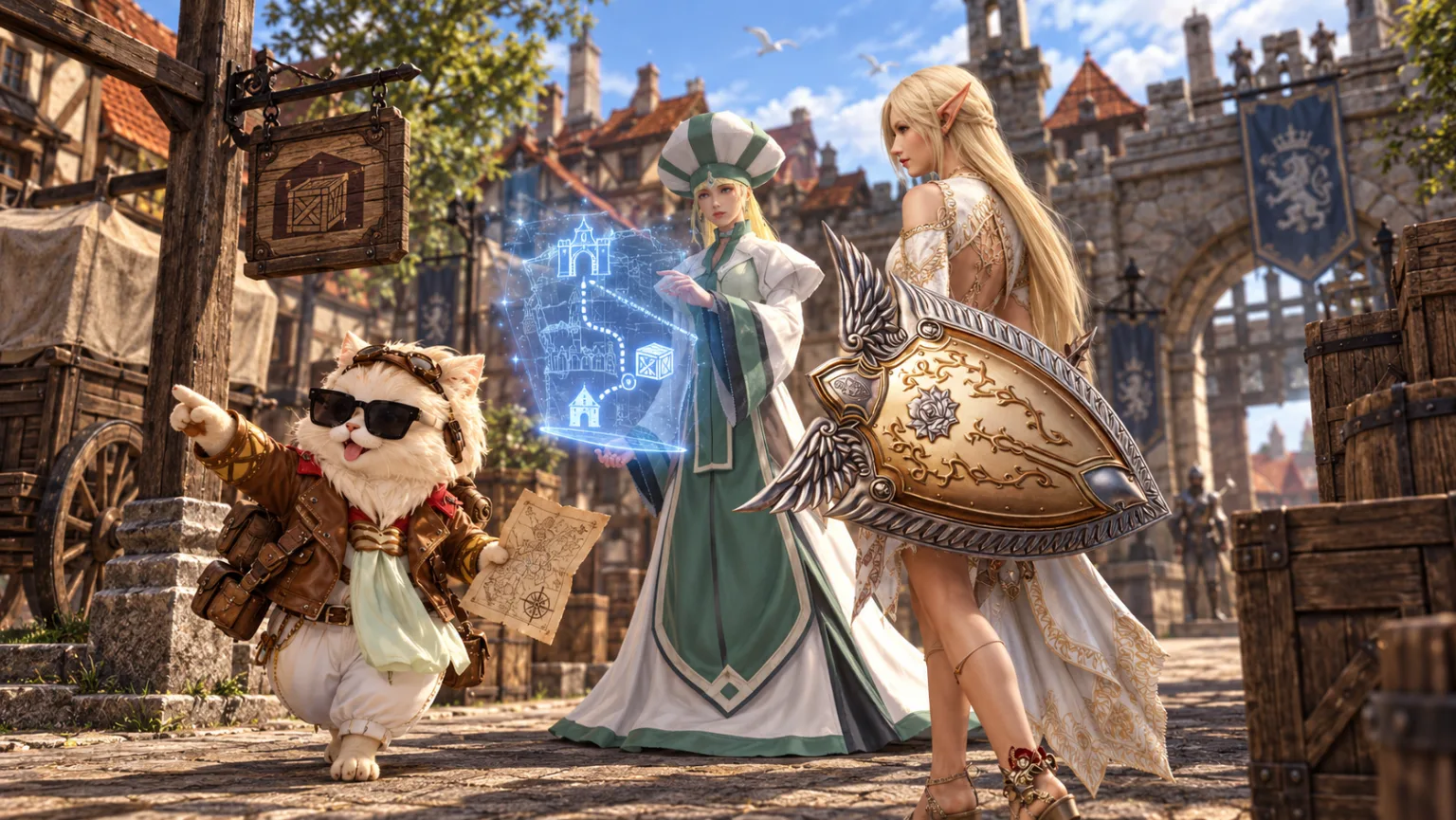 A town square: a priestess in green and white robes conjures a glowing map beside an elf with a winged golden shield and a cat in sunglasses holding a map