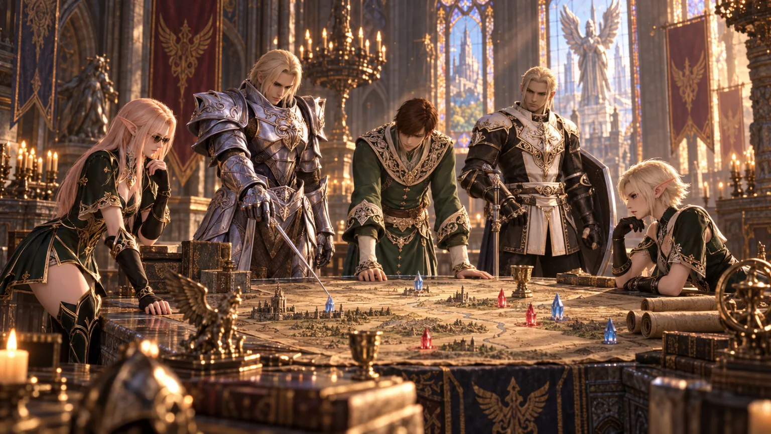 A war council in a cathedral hall: knights in plate armour and elves lean over a relief map of castles marked with blue and red crystals