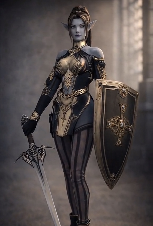 A dark elf in black and gold armour holding a slender sword and a kite shield in a dim stone hall