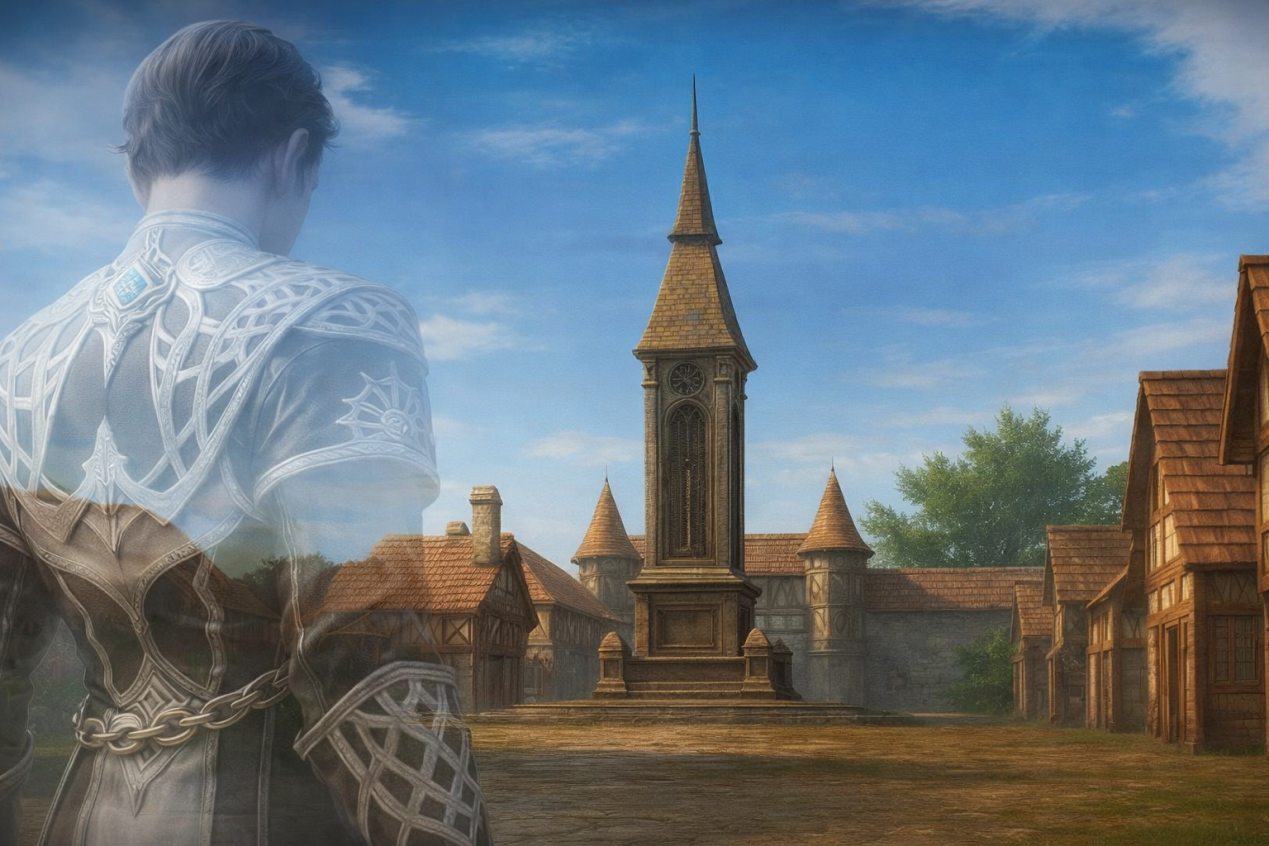 A village square with a stone clock tower and half-timbered houses, a translucent armoured figure in the foreground